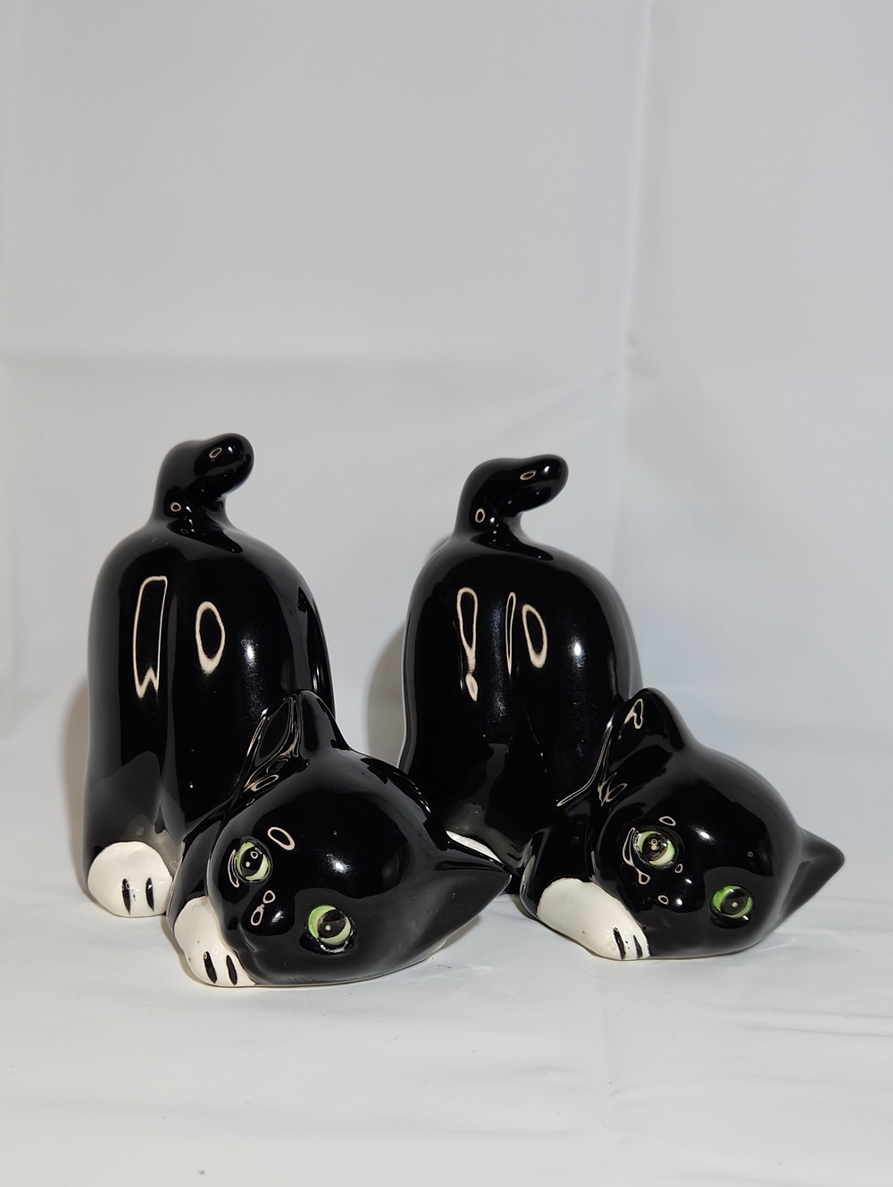 Set of Two Vintage Ceramic Black Cat Stretching Bookends, Fillable For Weight.